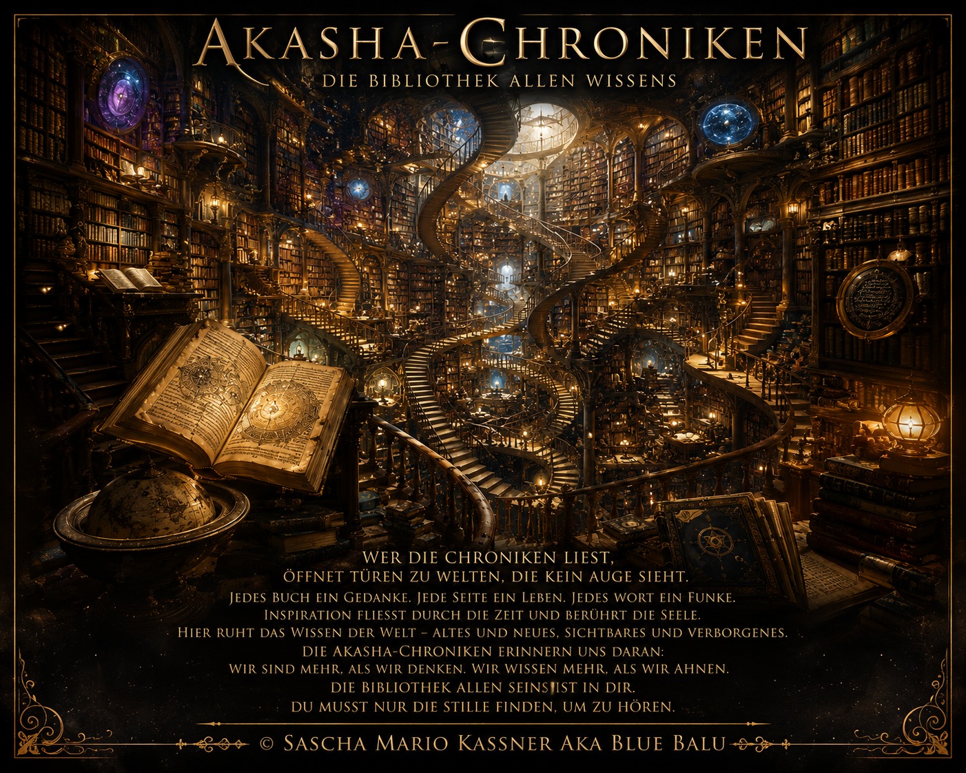Akasha-Chroniken – eine fantastische Bibliothek allen Wissens mit Büchern und Wendeltreppen