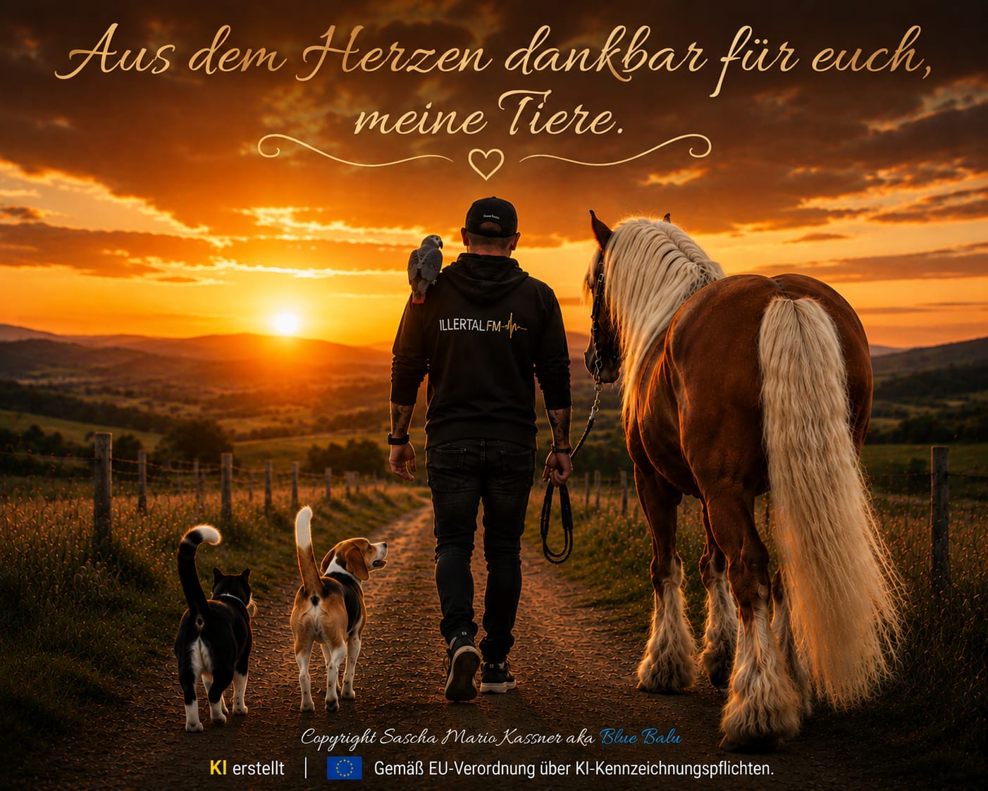 Blue Balu geht mit Pferd, Hund, Katze und Papagei gemeinsam in den Sonnenuntergang