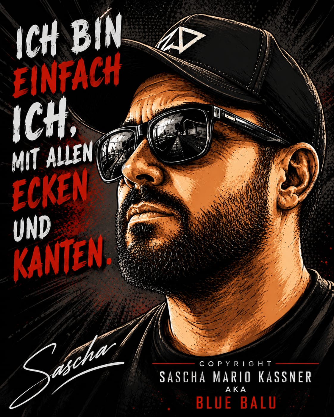 Comicporträt von Blue Balu mit dem Satz Ich bin einfach ich, mit allen Ecken und Kanten