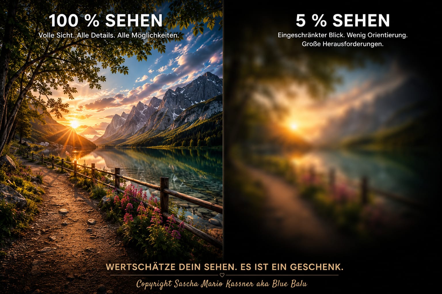 Vergleich zwischen voller Sicht und einer stark eingeschränkten Sicht von fünf Prozent