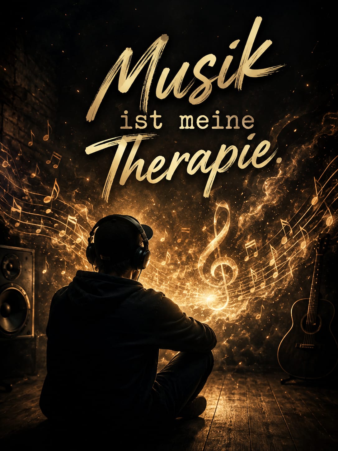 Musik ist meine Therapie – Blue Balu mit Kopfhörern vor leuchtenden Noten