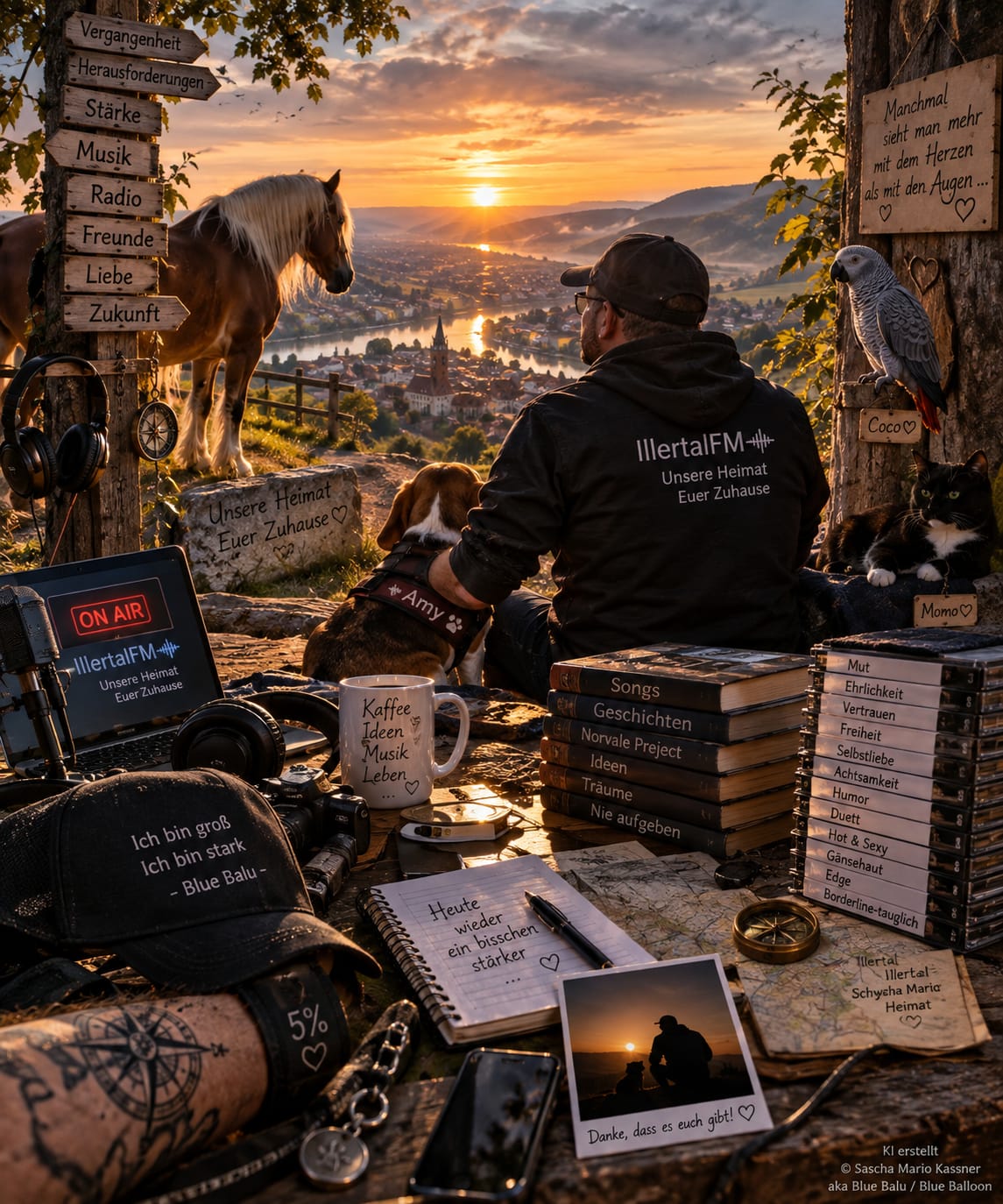 Lebenslandschaft von Blue Balu mit Amy, Balu, Coco, Momo, Radio, Musik und einem Wegweiser