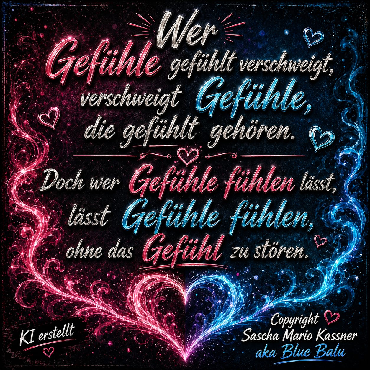 Gefühls-Zungenbrecher in pink-blauer Schrift mit Herzornamenten