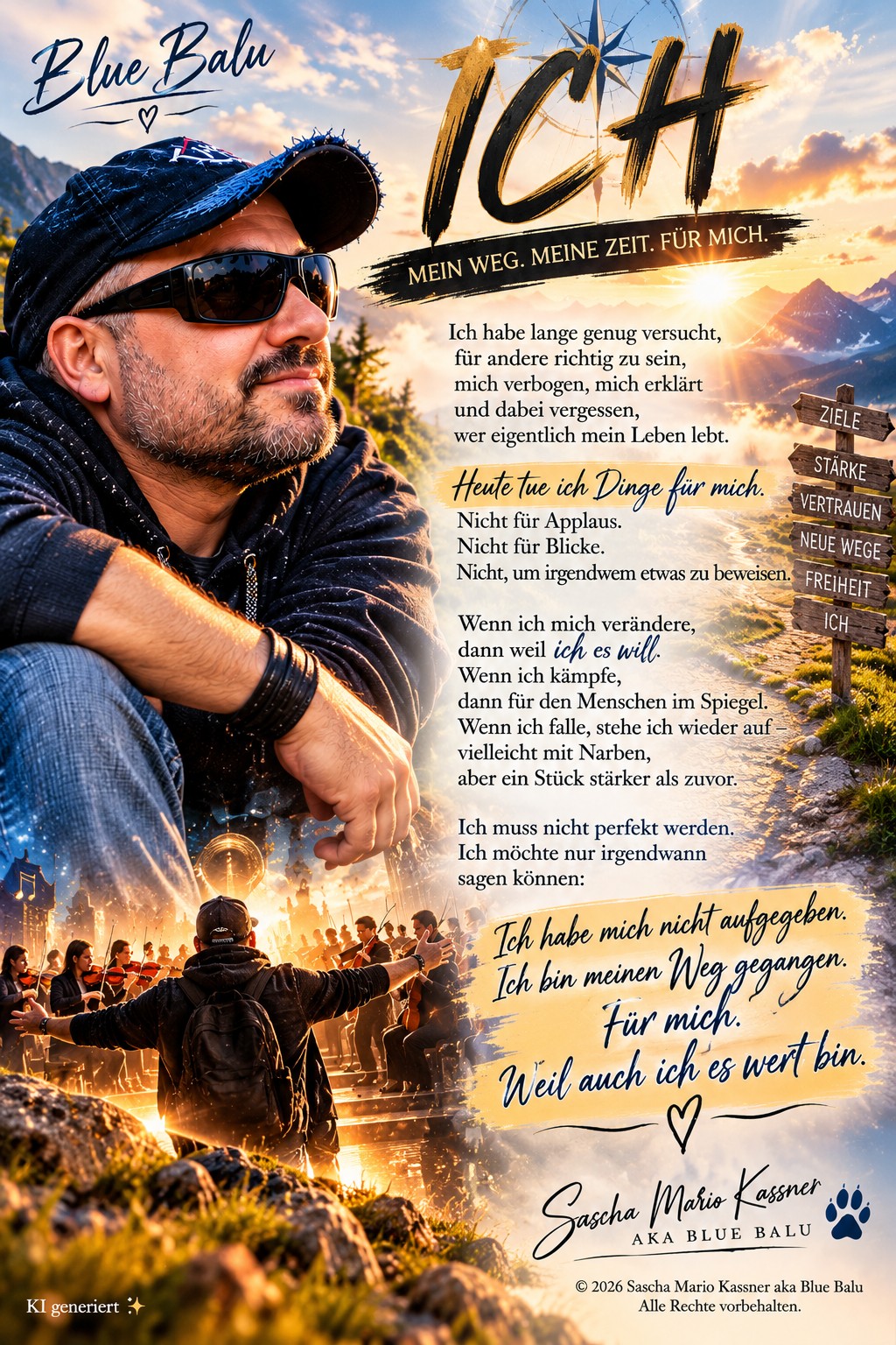 Blue Balu vor einem neuen Weg mit dem Gedicht Ich – mein Weg, meine Zeit, für mich