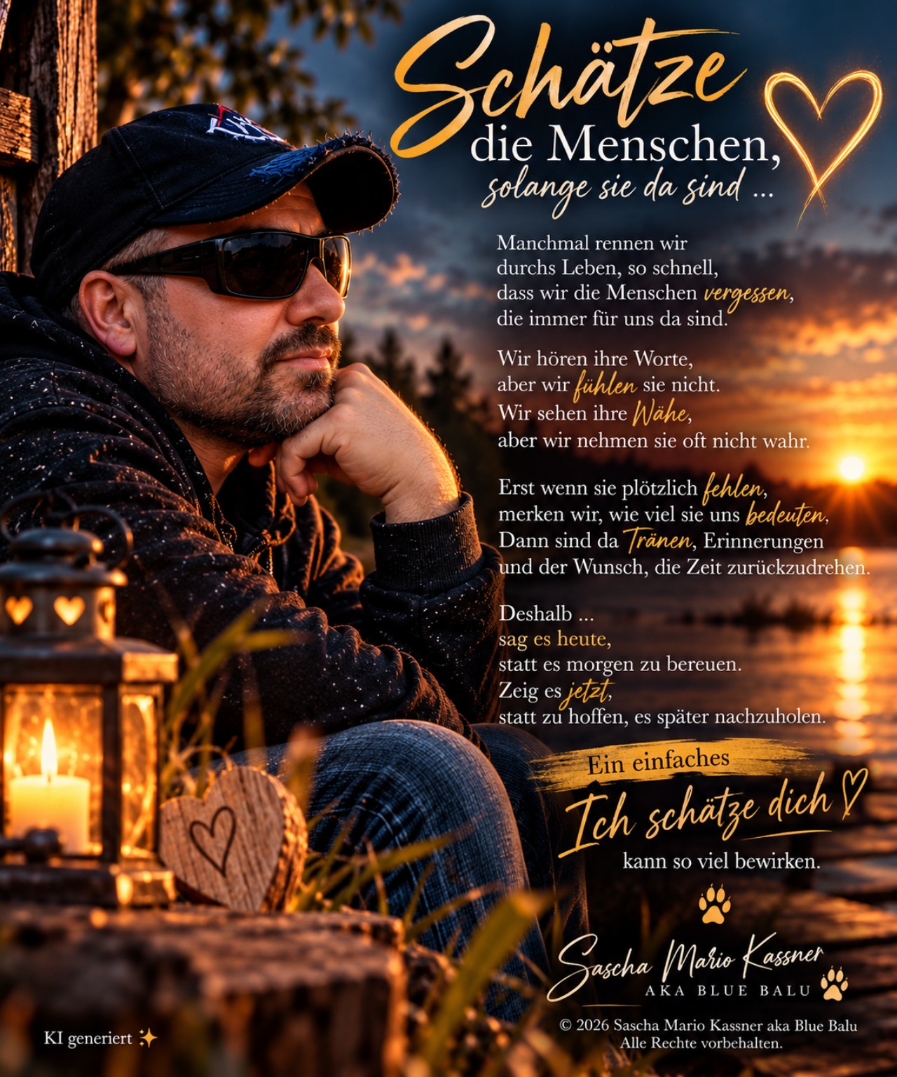 Blue Balu am Wasser mit dem Gedicht Schätze die Menschen, solange sie da sind