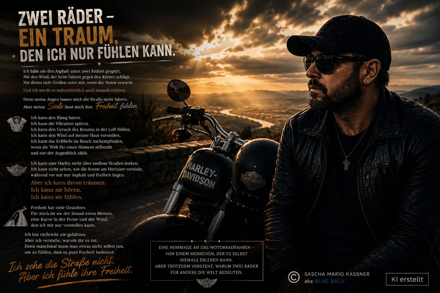 Zwei Räder – ein Traum, den ich nur fühlen kann, mit Motorrad im Abendlicht